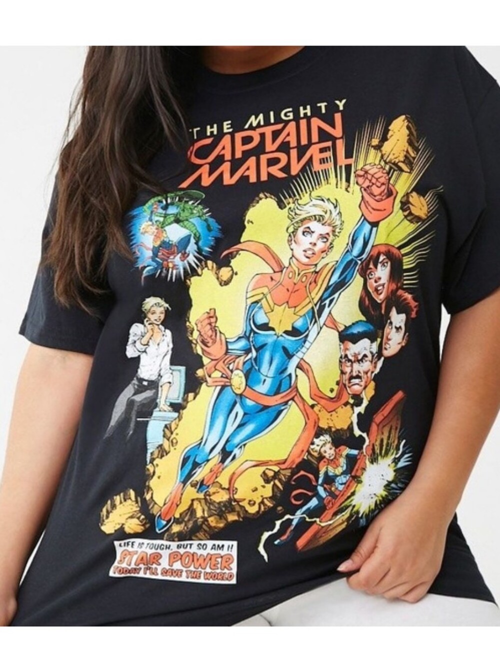Marvel Captain Marvel Comic Graphic Tee - Black with Red, Blue, Yellow